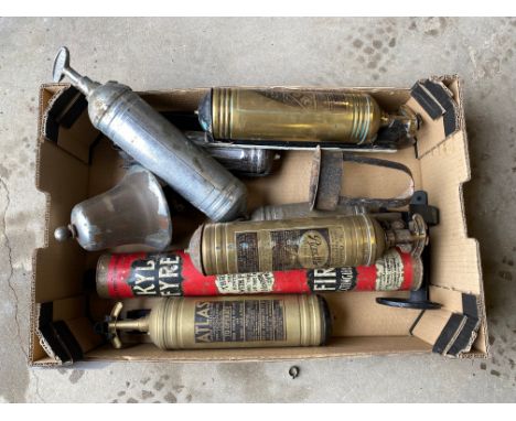 A box of fire extinguishers, fire engine bell etc.