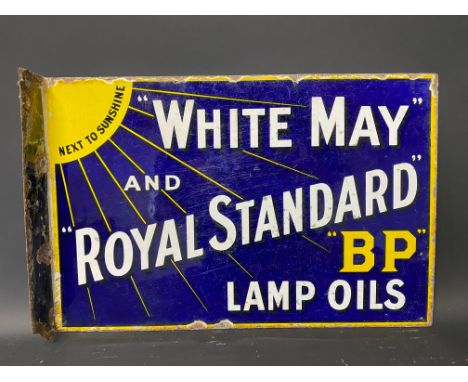 A White May and Royal Standard BP Lamp Oils double sided enamel sign with hanging flange, 18 x 12".