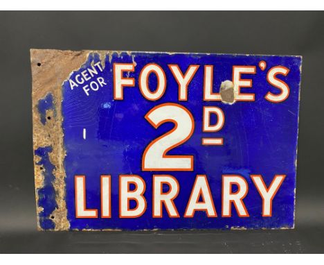 A Foyle's 2D Library double sided enamel sign with flattened hanging flange, 22 x 15".