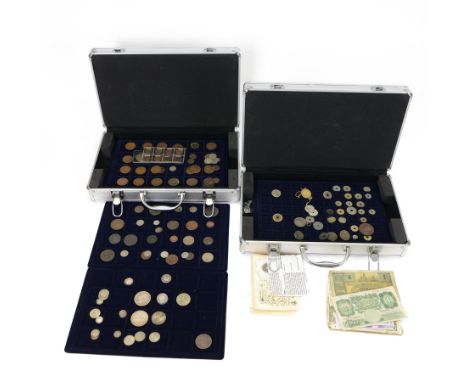 Great British and World coins and banknotes, including cartwheel pennies, Queen Victoria 1845 silver crown, King George V 193