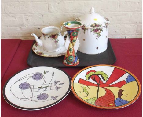 Royal Albert bread bin, plate and teapot base, Wedgwood Clarice Cliff vase and two Brian Wood chargers. Condition report: see