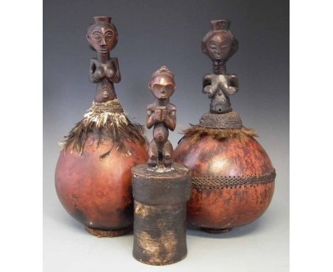 Fang reliquary box topped with a figure also two Luba / Hemba Calabash figures, the tallest item measures 39cm high     All l