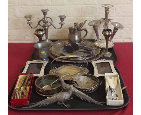 Various plated trays, epergne, coaster, candelabra and two plated pheasants etc. Condition report: see terms and conditions