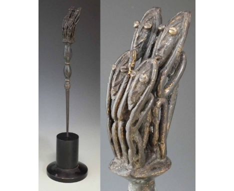 Dogon brass or bronze hairpin modelled with four crouching figures, 35.5cm high     All lots in this Tribal and African Art S