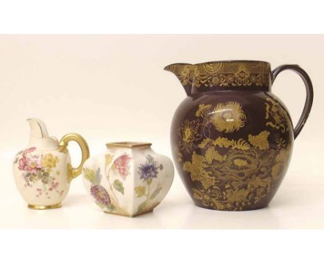 19th century brown glazed Staffordshire jug, Doulton Burnslem art wares vase and a Royal Worcester jug Condition report: see 