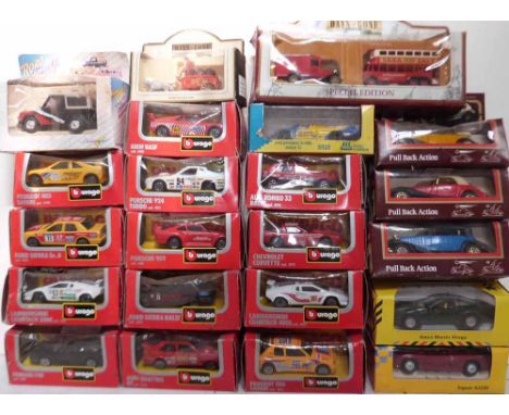 13 Burago boxed racing/rally cars, 3 boxed old timer cars, 2 shell sportscars, 2 Days Gone By boxed vehicles etc Condition re
