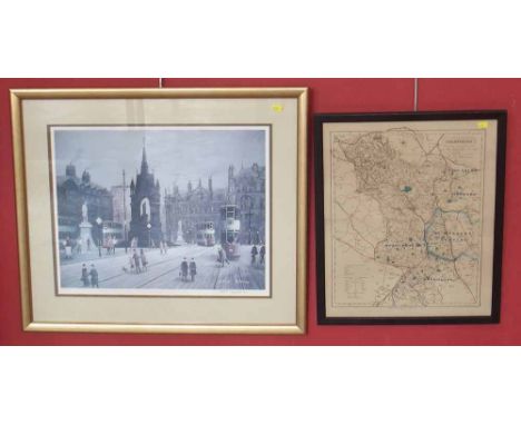 After Arthur Delaney signed limited edition print 'Albert Square' and hand coloured map of Derbyshire by J+C Walker. Places o