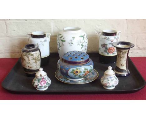 Three pieces of Noritake ware, Crown Staffordshire vase and a pair of lidded pots etc. Condition report: see terms and condit