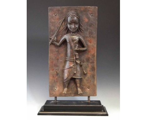 Benin bronze plaque of a warrior, 51cm high excluding wood base.       All lots in this Tribal and African Art Sale are sold 