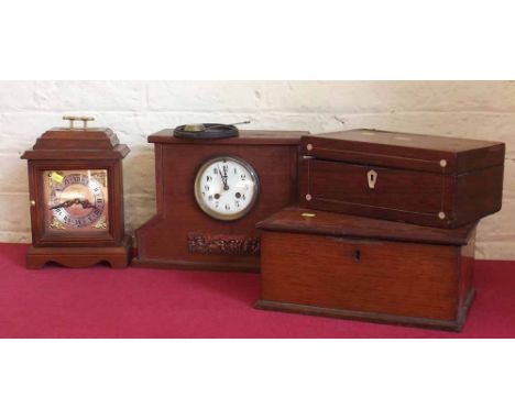 Oak jewellery box, oak mantel clock case, 8-day movement, jewellery box and reproduction bracket clock. Condition report: see