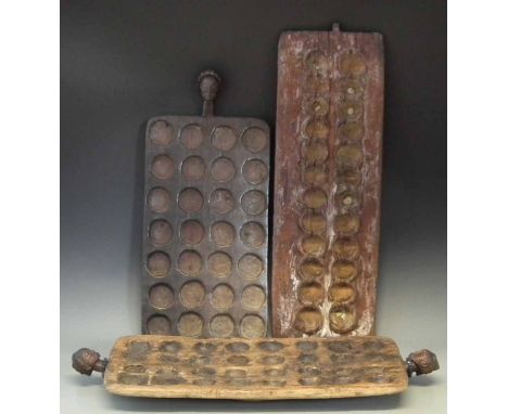 Two Luba / Hemba Mankala boards with carved figure heads, and one other board, the largest measures 80cm long.     All lots i