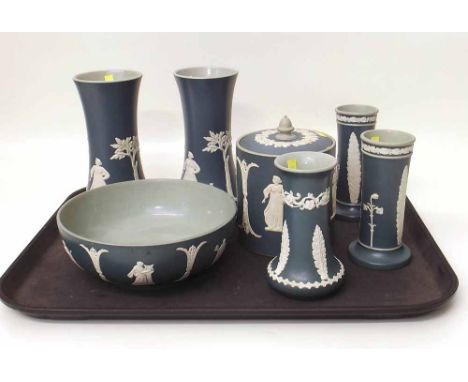 Green Dudson Jasper to include two pairs of vases, another vase, bowl and biscuit jar Condition report: see terms and conditi