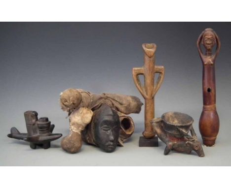 Collection of items, to include an unusual Lobi pipe, two other pipes one modelled as an aeroplane, a flute and another hollo