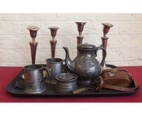 Two pairs of silver plated candlesticks, pewter inkwell and two tankards and a pair of leather cased opera glasses. Condition