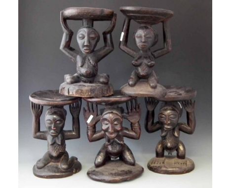 Five Luba / Hemba caryatid stools, the largest measures 38cm high    All lots in this Tribal and African Art Sale are sold su