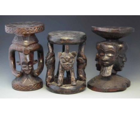 Three African stools, carved in the Bamileke, Pende and Kuba tribal styles, the tallest measures 41cm high     All lots in th
