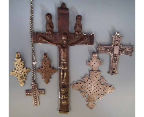 Kongo brass or bronze Crucifix figure, also five Ethiopian Coptic crosses, (6) the crucifix measures 24cm high      All lots 