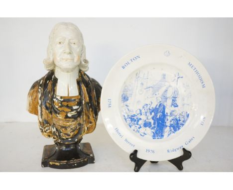 Ceramic bust c1820 The Rev John Wesley M.A Died March 2nd 1791 aged 88, Fnoch Wood Sculpt Burslem (Paint loss & chip to botto