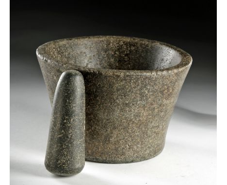 Pre-Columbian, North Coast Peru, Chavin, ca. 1200 to 500 BCE. An attractive mortar and pestle of a substantial size, hand-car