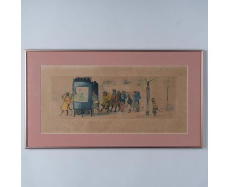 Outrageously irreverent original hand-colored etching on paper entitled Business Cats. It depicts a group of anthropomorphic 