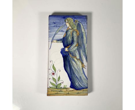 A stunning wall decor piece featuring a hand-painted depiction of Angel Gabriel holding a quill, on a thick rectangular tile.