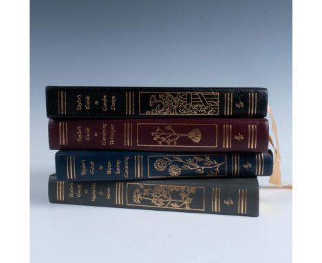 A set of 4 leather colored covered books with caramel-brown fabric bookmark ribbons. The set includes: Garden Design; Gardeni