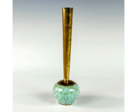 Turquoise with lustre finish and branch patterning. Round body. Narrow brass spout. Hand Painted Delft Holland on bottom. Thi