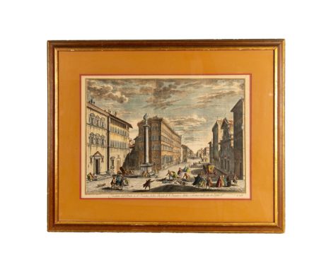 Beautifully preserved antique hand-colored etching by Italian artist Giuseppe Zocchi featuring the Piazza Santa Trinita with 