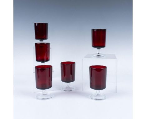 Vintage footed cordial glasses. Ruby red bowl with clear stem. France backstamp. Issued: 20th centuryDimensions: 4"H x 2.5"di