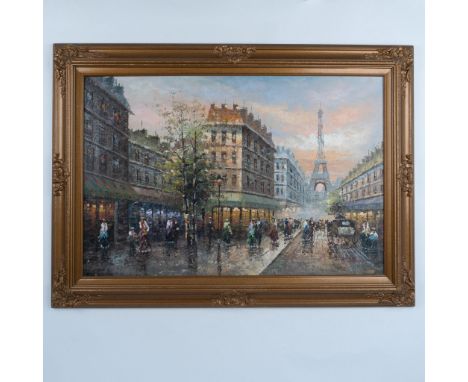 Large original oil on canvas depicting a Turn-of-the-Century Parisian scene with the Eiffel Tower prominently visible at the 