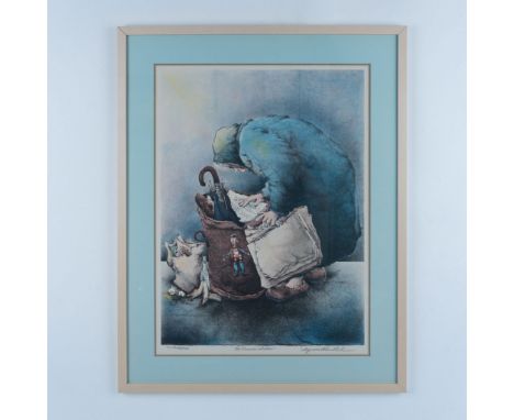 The Treasure Seeker is an original hand-colored lithograph on paper by social commentary artist Seymour Rosenthal who poignan