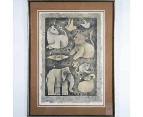 Elephas &amp; Others is a large etching on beige paper made in a spatter technique by American artist Carol Jablonsky. She cr