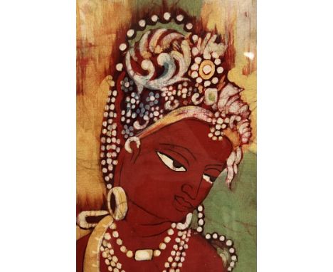 An Indian dyed or printed linen portrait of a Hindu deity in a gilt black glazed frame (total h- 33cm, w- 23.5cm)