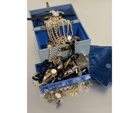A vintage turquoise leather covered jewellery box handle to top and interior lift out tray and collection of costume jeweller