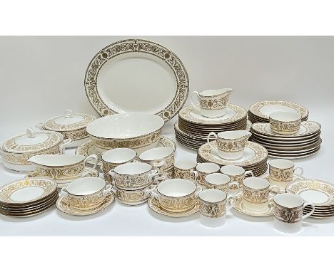 An extensive 1966 Royal Worcester Hyde Park gilt eight sitting part tea and dinner service decorated with neoclassical design