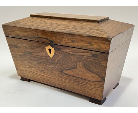 A Regency period sarcophagus form rosewood tea caddy with fruitwood escutcheon (h- 18cm, w- 29.5cm)