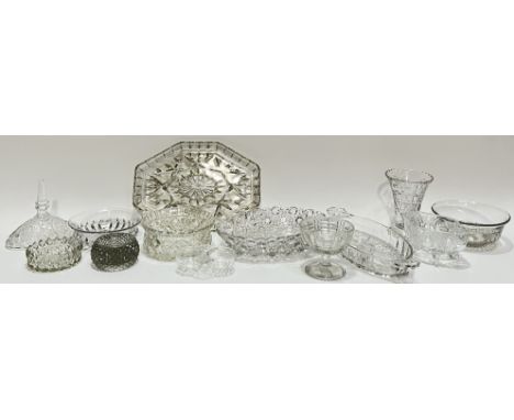 A group of mixed pressed and cut crystal glassware comprising eight dishes (bowls, trays, pin dishes etc...largest w- 27cm), 