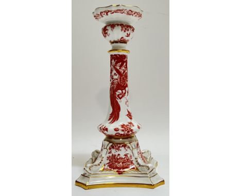 A Royal Crown Derby Red Aves candlestick holder with transfer printed design of exotic birds (marked verso, h- 27cm)