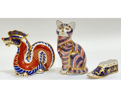 A Royal Crown Derby dragon paperweight (marked verso) together with a Royal Crown Derby cat figure/paperweight (marked verso,