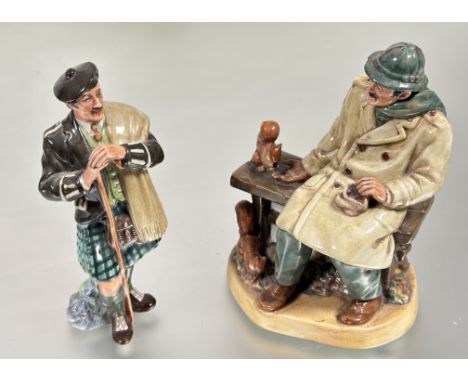 A Royal Doulton china figure Lunchtime, seated on a bench feeding red squirrels decorated with polychrome enamels small chip 