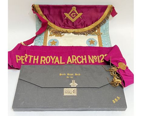 Masonic interest, a set of Freemasons attire including sash, apron and Perth Royal Arch monogrammed case