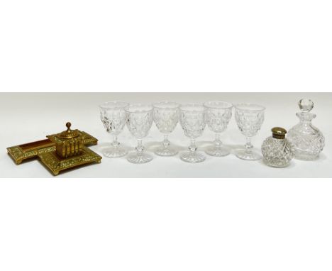 A set of six Tudor Crystal stem glasses together with a Victorian/Edwardian gilt brass desk set including inkwell and stand d