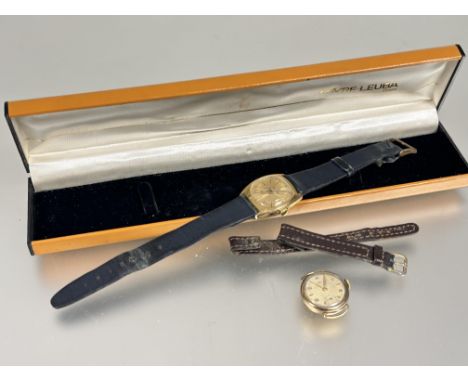 A Uno ladys 9ct gold manual wind wrist watch with gilt dial with alternating baton and Arabic hour markers with subsidiaries 