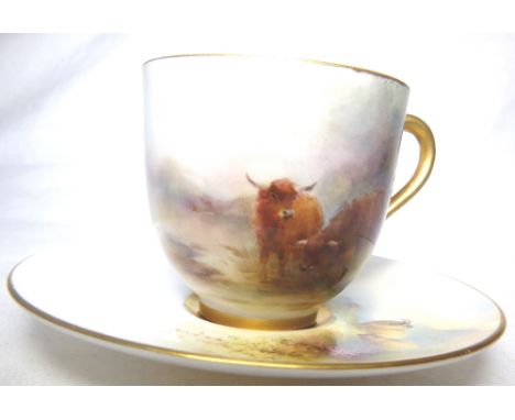 SIGNED WORCESTER MINIATURE SET. Royal Worcester miniature cup and saucer, cattle & sheep saucer D: 10 cm