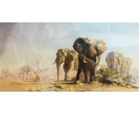 DAVID SHEPHERD PRINT, Large David Shepherd print of elephants, 76 x 40 cm