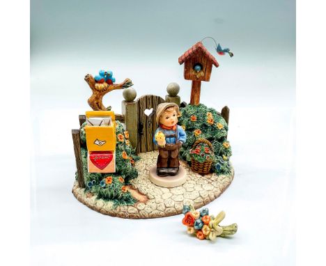 Includes hand painted summer scene. Boy with blue shirt and bouquet, Goebel Germany backstamp. Impress mark 2193. Lapel pin b