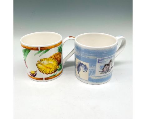 Colorful mug design with pineapples, leaves and simulated wood design on rim. Light blue mug has lighthouse and duck design. 