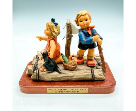 Exclusive Edition part of the Wonder of Childhood, Summer Adventure. Hand painted boy, girl and their puppy on wood raft. Thi