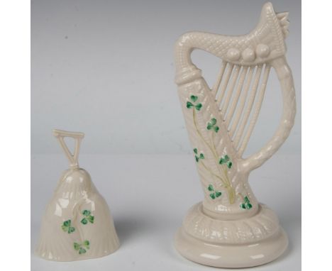 Lovely Irish harp and bell decorated in the shamrock and nice detailing on the base and instrument; the bell is also decorate