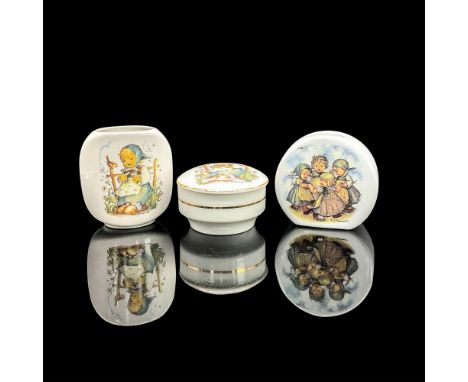 Three decorative porcelain pieces featuring pleasant images of provincial children. He Loves Me vase 3.5"L x 2"W x 4"H. Ring 